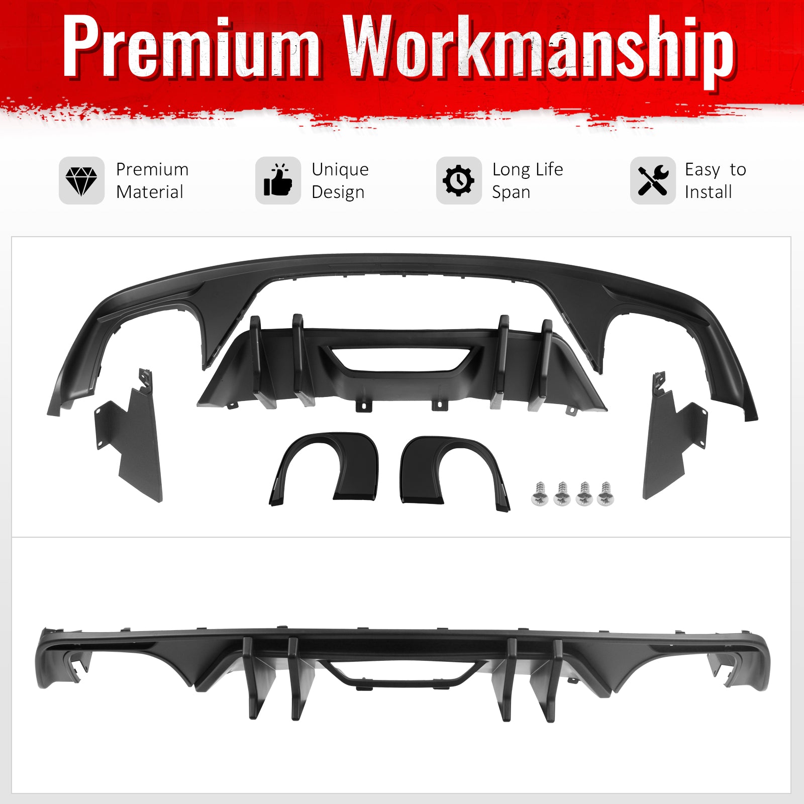 Fits 15-17 Ford Mustang Speed Style Rear Bumper Lip Diffuser PP 4PCS Matte Black