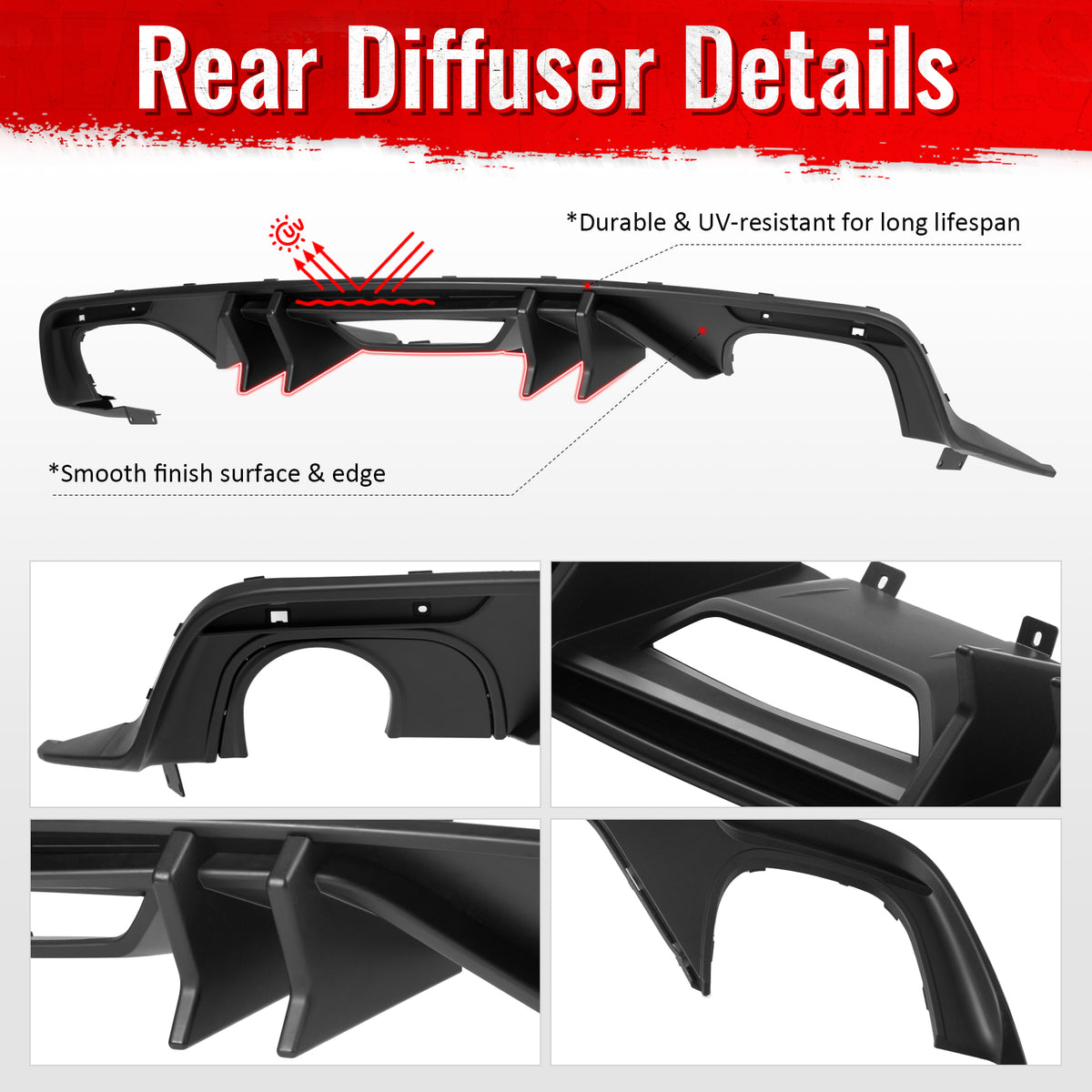 Fits 15-17 Ford Mustang Speed Style Rear Bumper Lip Diffuser PP 4PCS Matte Black