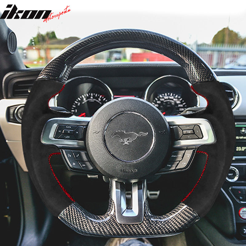 Steering Wheel Compatible With 2015-2017 Ford Mustang, V1 Style Matte CF Steering Whee with Synthetic Suede Red Stitching By IKON MOTORSPORTS, 2016