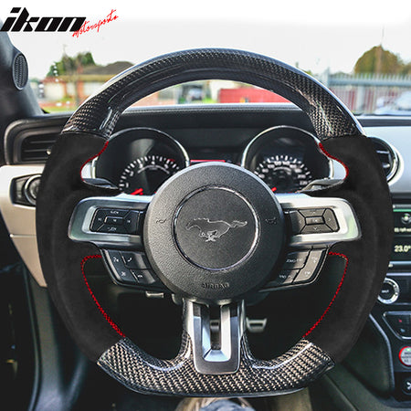 Steering Wheel Compatible With 2015-2017 Ford Mustang, V1 Style Matte CF Steering Whee with Synthetic Suede Red Stitching By IKON MOTORSPORTS, 2016