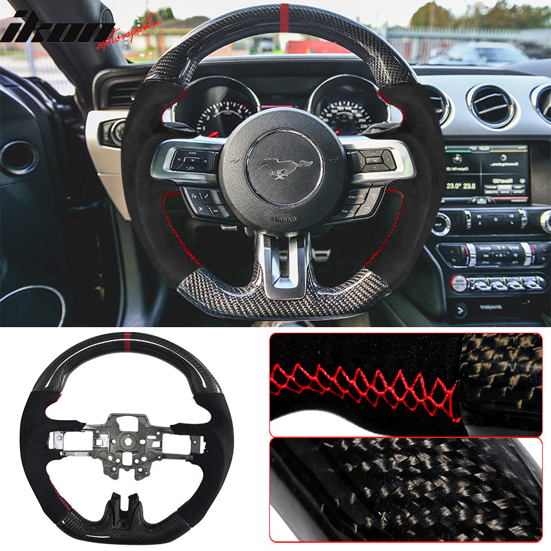 Steering Wheel Compatible With 2015-2017 Ford Mustang, V3 Style Matte CF Steering Wheel with Synthetic Suede Red Ring By IKON MOTORSPORTS, 2016