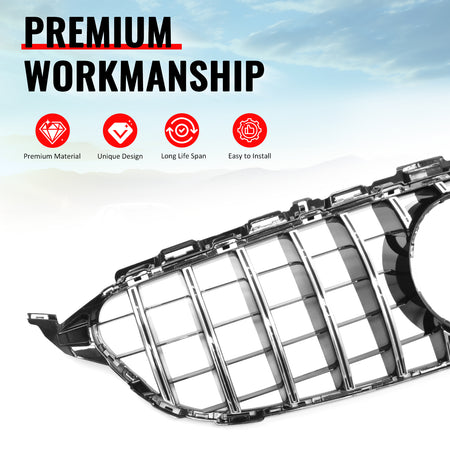 Fits 15-18 Benz W205 C-Class C63 AMG Grille GTR Style Bumper Upper Grill Silver