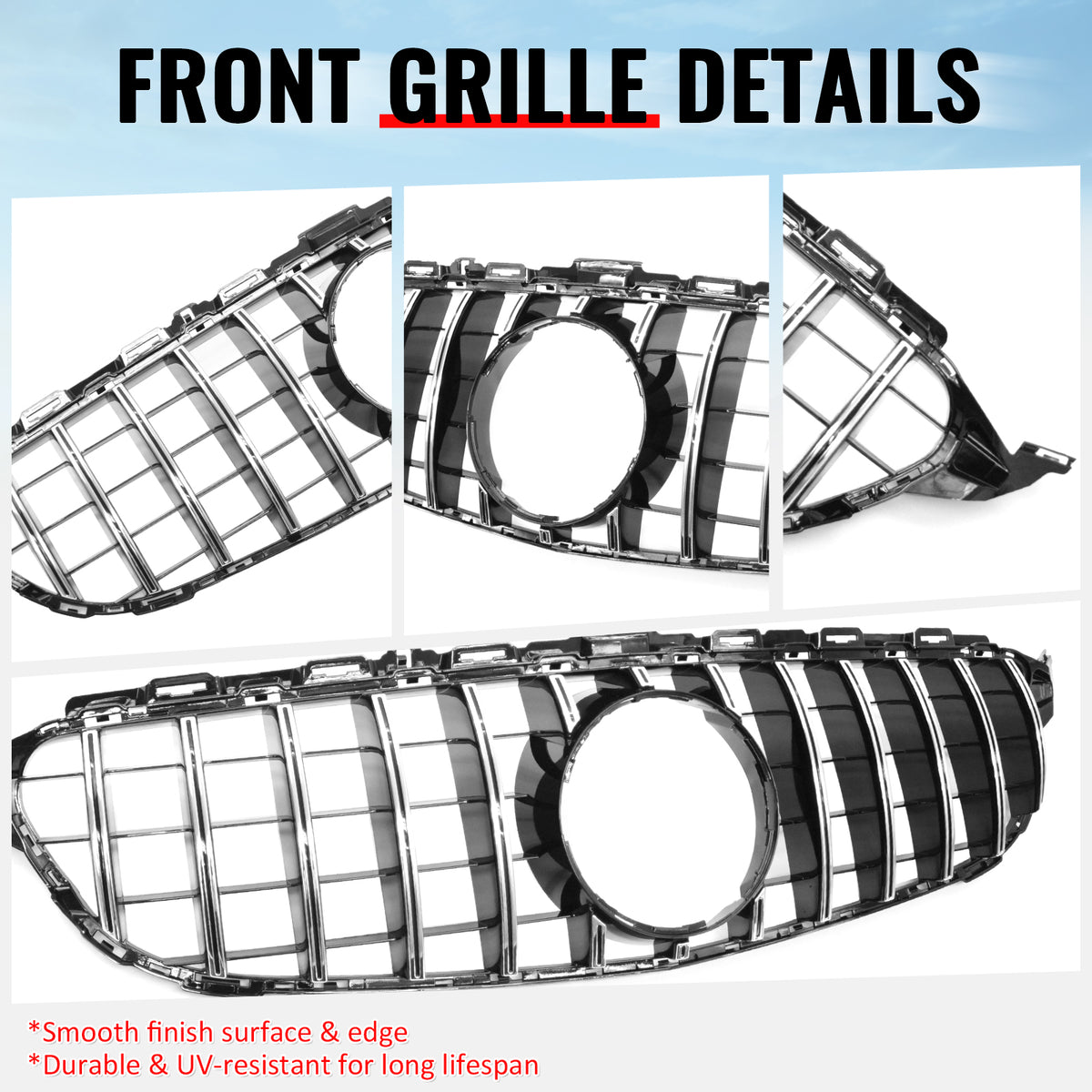 Fits 15-18 Benz W205 C-Class C63 AMG Grille GTR Style Bumper Upper Grill Silver