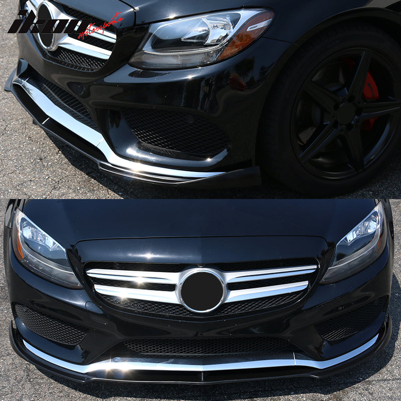 IKON MOTORSPORTS, Front Bumper Lip Compatible With 2015-2018 Mercedes Benz W205 C Class Sport, Front Bumper Lip Guard Cover Spoiler DP Style PU Unpainted Black, 2016 2017