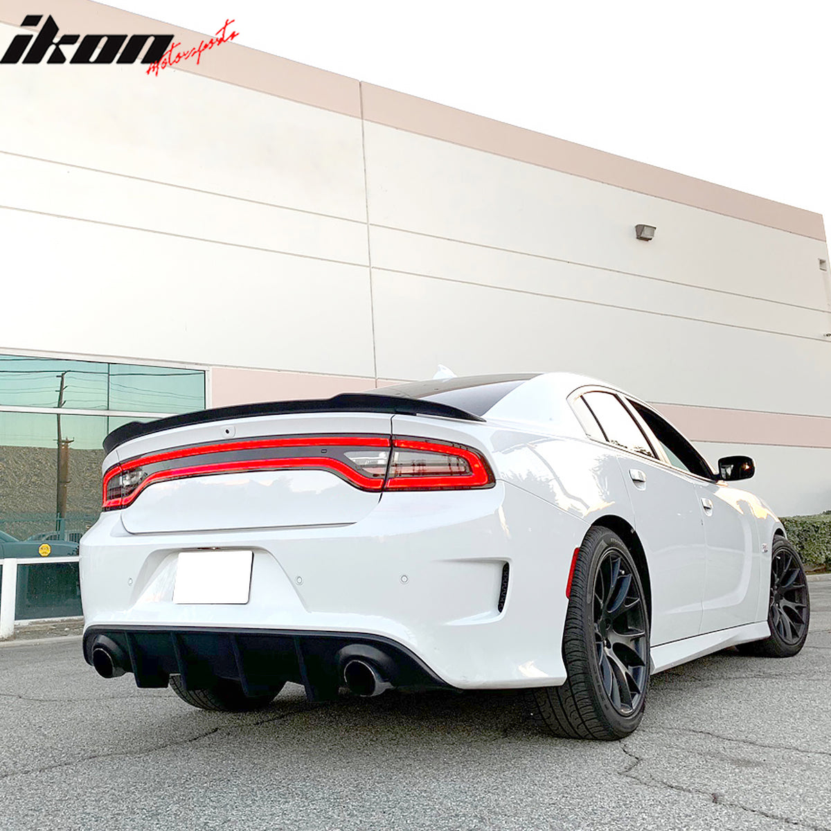 IKON MOTORSPORTS Rear Diffuser, Compatible with 2015-2023 Dodge Charger SRT R/T GT Daytona Scat Pack, MDP Style Unpainted Black PU Shark Fin Bumper Valance Spoiler, Air Dam Chin Splitter Molding 1PC