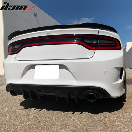 IKON MOTORSPORTS Rear Diffuser, Compatible with 2015-2023 Dodge Charger SRT R/T GT Daytona Scat Pack, MDP V2 Style Unpainted PU Shark Fin Bumper Valance Spoiler, Splitter Protector 1PC