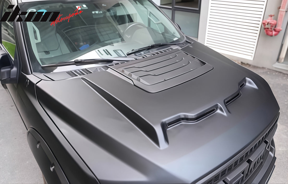 IKON MOTORSPORTS Hood Panel, Compatible with 2015-2020 Ford F-150, Shelby Baja Style Iron Black Engine Front Bumper Hood Engine Bonnet Cover (with Heat Extractor Ram Air)