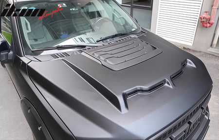 IKON MOTORSPORTS Hood Panel, Compatible with 2015-2020 Ford F-150, Shelby Baja Style Iron Black Engine Front Bumper Hood Engine Bonnet Cover (with Heat Extractor Ram Air)