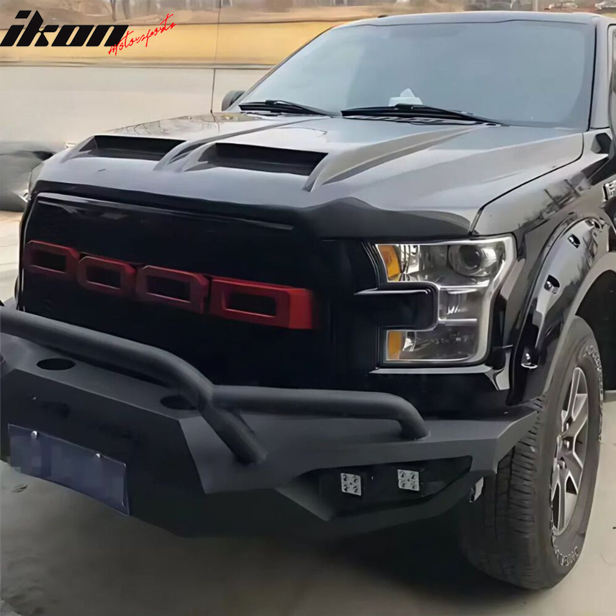 IKON MOTORSPORTS Hood Panel, Compatible with 2015-2020 Ford F-150, Raptor Style Iron Black Engine Front Bumper Hood Engine Bonnet Cover (with Heat Extractor Ram Air)