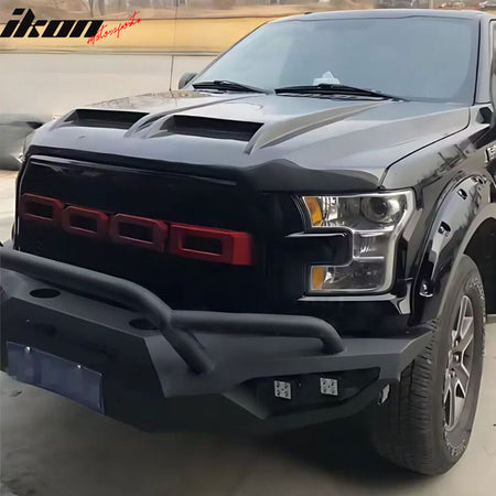 IKON MOTORSPORTS Hood Panel, Compatible with 2015-2020 Ford F-150, Raptor Style Iron Black Engine Front Bumper Hood Engine Bonnet Cover (with Heat Extractor Ram Air)