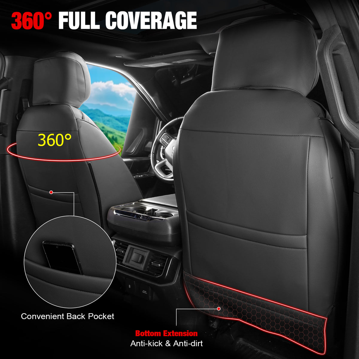 IKON MOTORSPORTS Car Seat Covers Compatible with 2015-2020 Ford F-150& 2017-2022 F-250 F-350 F-450 Crew Cab, Waterproof Easy Clean PVC Driver Seat Cushion Protector Cover (Front Row, Black)