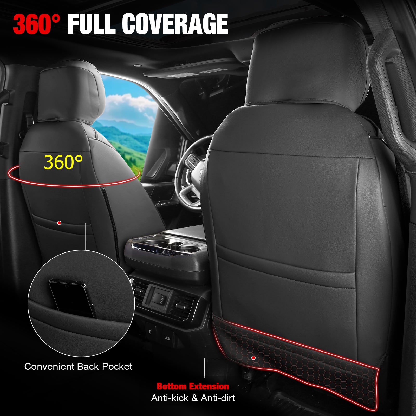 IKON MOTORSPORTS Car Seat Covers Compatible with 2015-2020 Ford F-150& 2017-2022 F-250 F-350 F-450 Crew Cab, Waterproof Easy Clean PVC Driver Seat Cushion Protector Cover (Front Row, Black)