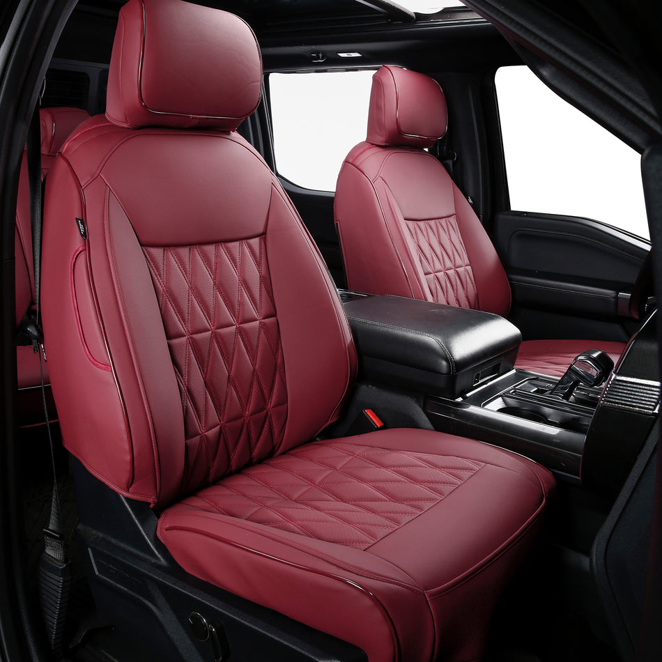 IKON MOTORSPORTS Car Seat Covers Compatible with 2015-2020 Ford F-150& 2017-2022 F-250 F-350 F-450 Crew Cab, Waterproof Easy Clean PVC Driver Seat Cushion Protector Cover (Front Row, Red)