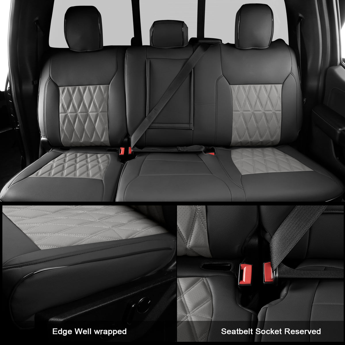 IKON MOTORSPORTS Car Seat Covers Compatible with 2015-2020 Ford F-150& 2017-2022 F-250 F-350 F-450 Crew Cab, Waterproof Easy Clean PVC Driver Seat Cushion Protector Cover (Full Set, Black & Gray)