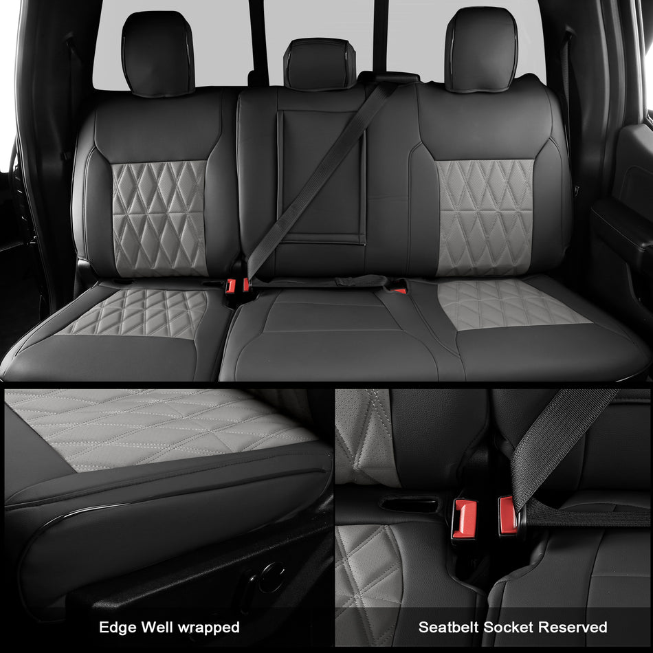 IKON MOTORSPORTS Car Seat Covers Compatible with 2015-2020 Ford F-150& 2017-2022 F-250 F-350 F-450 Crew Cab, Waterproof Easy Clean PVC Driver Seat Cushion Protector Cover (Full Set, Black & Gray)