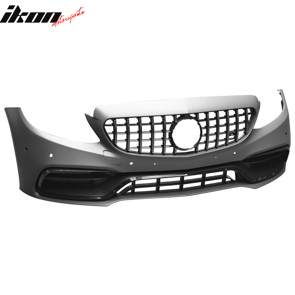 IKON MOTORSPORTS Front Bumper Cover, Compatible with 2015–2021 Benz W205 C Class, 2019+ C63 Style Unpainted PP Bumper Conversion Bodykit W/ Chrome Trim ABS Upper Grille