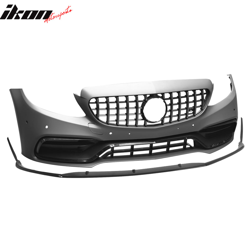 IKON MOTORSPORTS Front Bumper Cover, Compatible with 2015–2021 Benz W205 C Class, 2019+ C63 Style Unpainted PP Bumper Conversion Bodykit W/ Chrome Trim ABS Upper Grille + Lower Lip