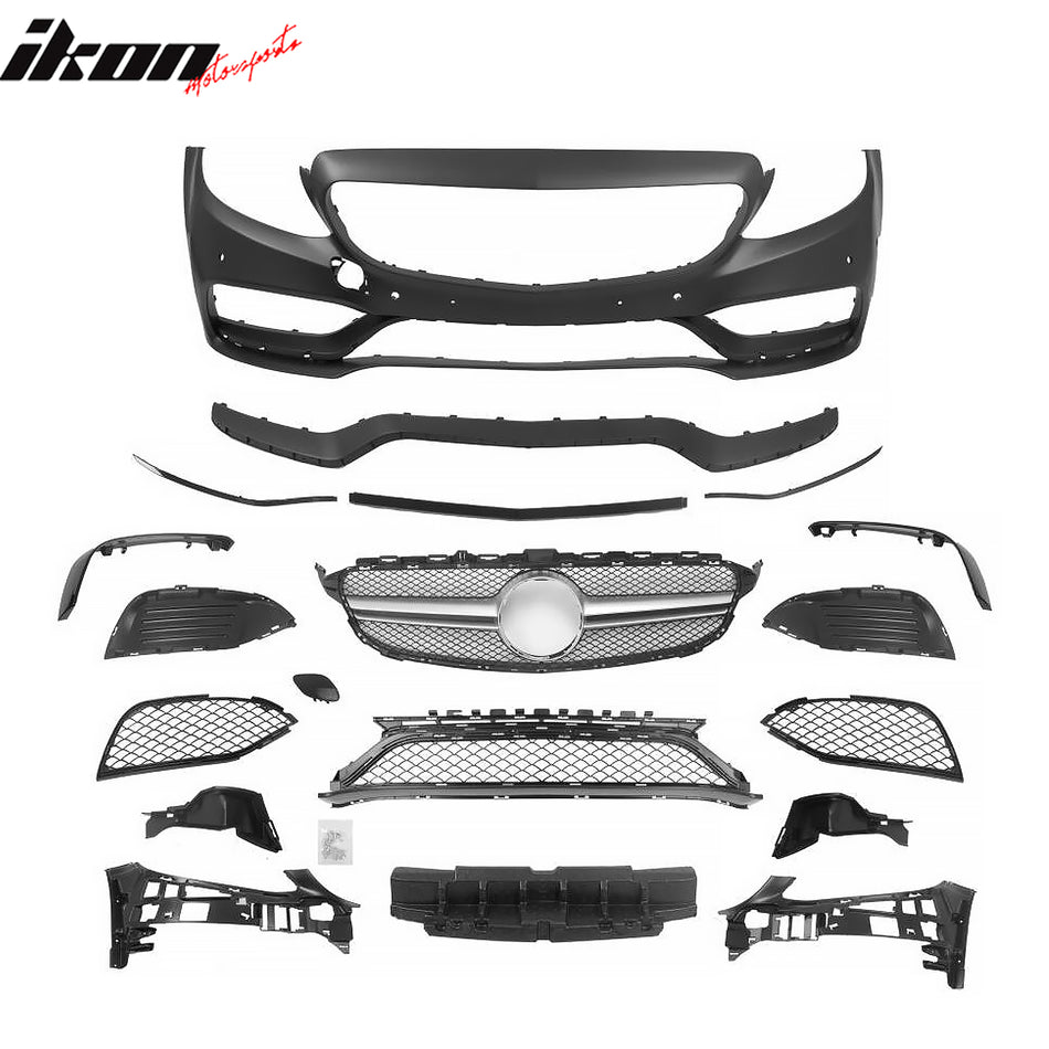 2015–2021 Benz C-Class W205 C63 Style PP Front Bumper Cover W/ Silver Grille ABS
