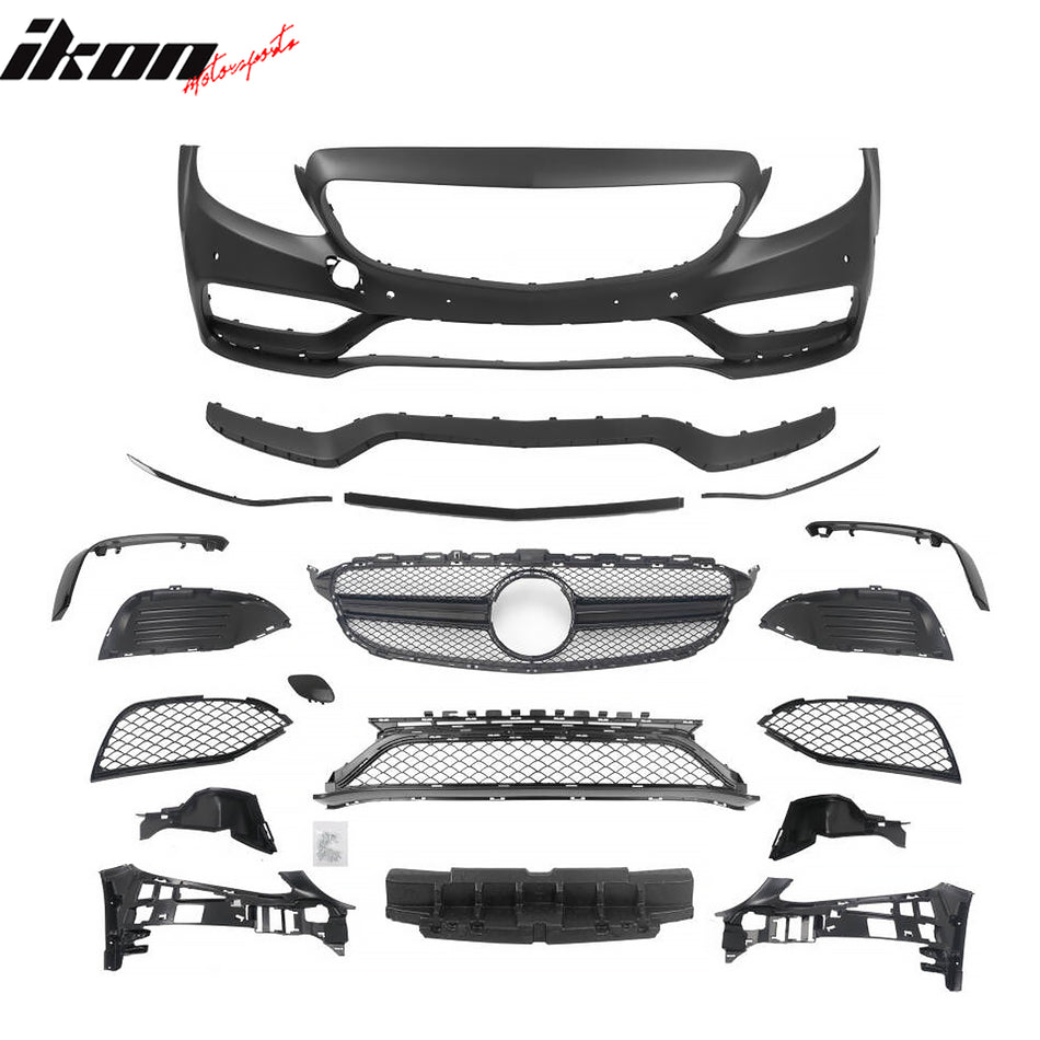 2015–2021 Benz C-Class W205 C63 Style PP Front Bumper Cover W/ Gloss Black Grille ABS
