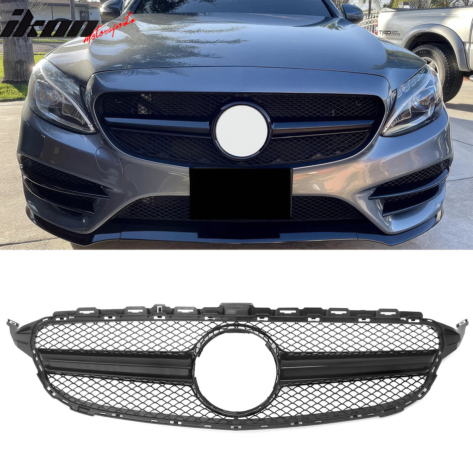 IKON MOTORSPORTS Front Bumper Cover, Compatible with 2015–2021 Benz W205 C300 C350e C400 C450 AMG, C63 Style Unpainted PP Bumper Conversion Bodykit W/ Gloss Black ABS Upper Grille