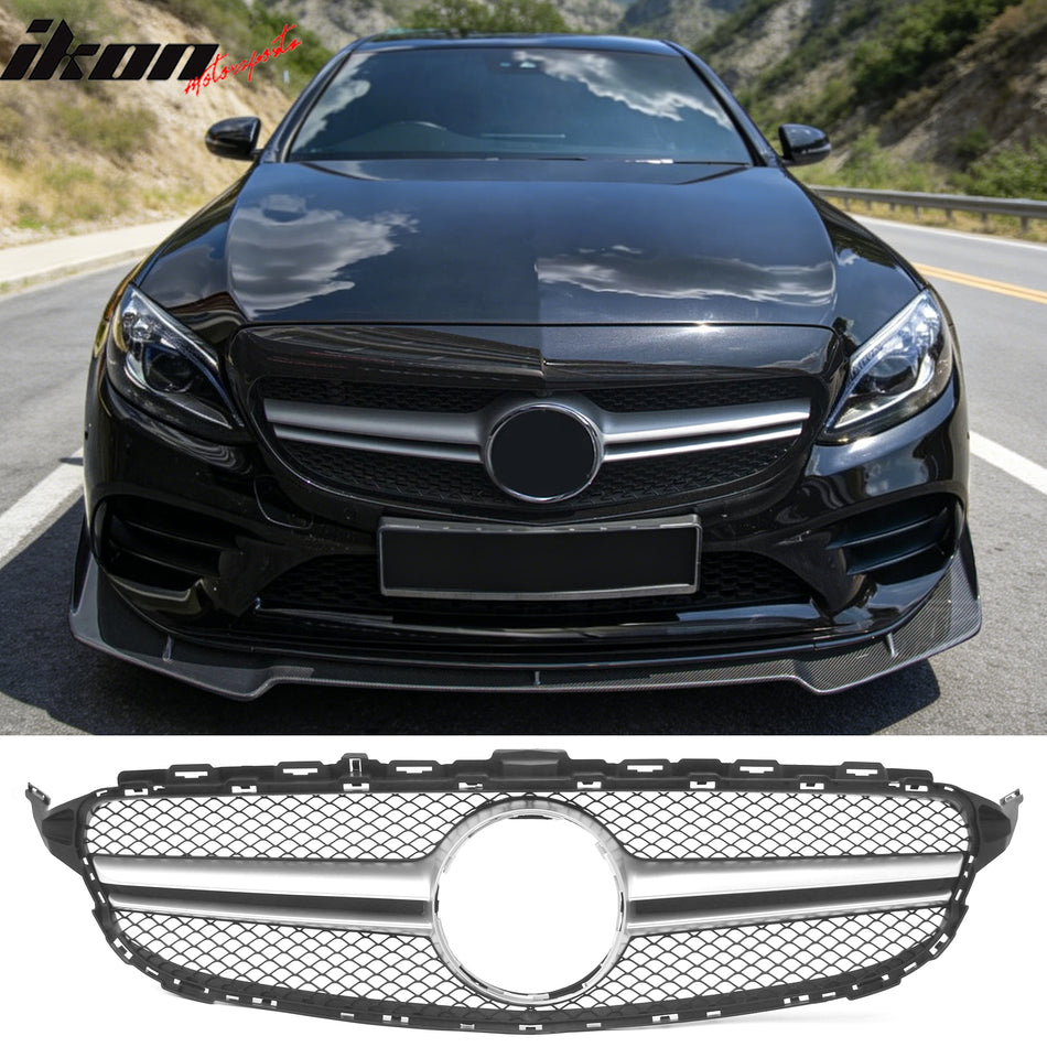 IKON MOTORSPORTS Front Bumper Cover, Compatible with 2015–2021 Benz W205 C300 C350e C400 C450 AMG, C63 Style Unpainted PP Bumper Conversion Bodykit W/ Silver Grille + Gloss Black Lower Lip