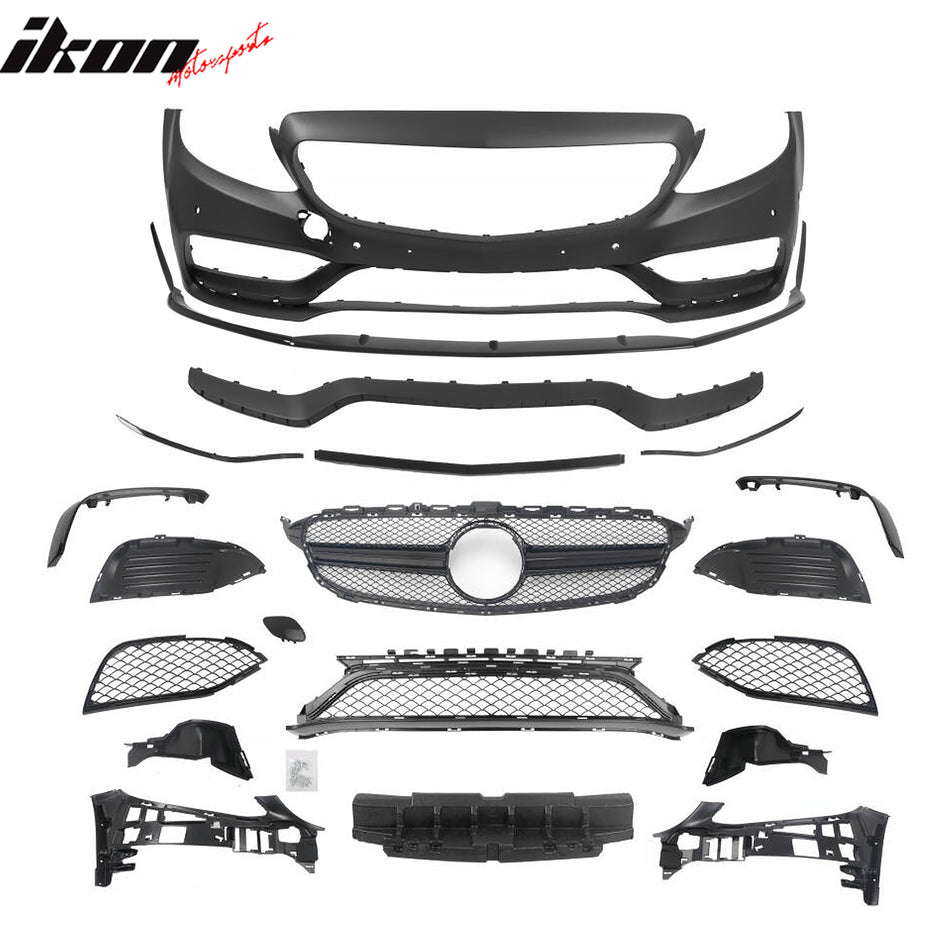 2015–2021 Benz C-Class W205 C63 Style PP Front Bumper Cover W/ Gloss Black Grille + Lip