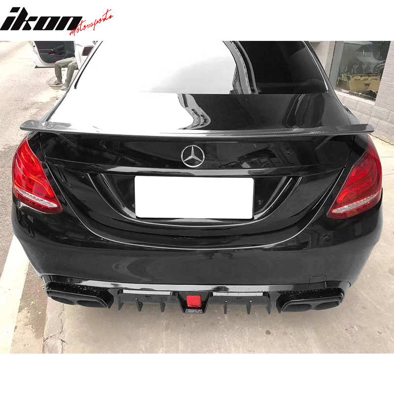 IKON MOTORSPORTS, Rear Diffuser + Exhaust Tips Compatible With 2015-2021 Mercedes-Benz W205 C-Class C63 C43 Sedan, B Style Gloss Black Rear Bumper Diffuser Valance With Light & Exhaust Tip