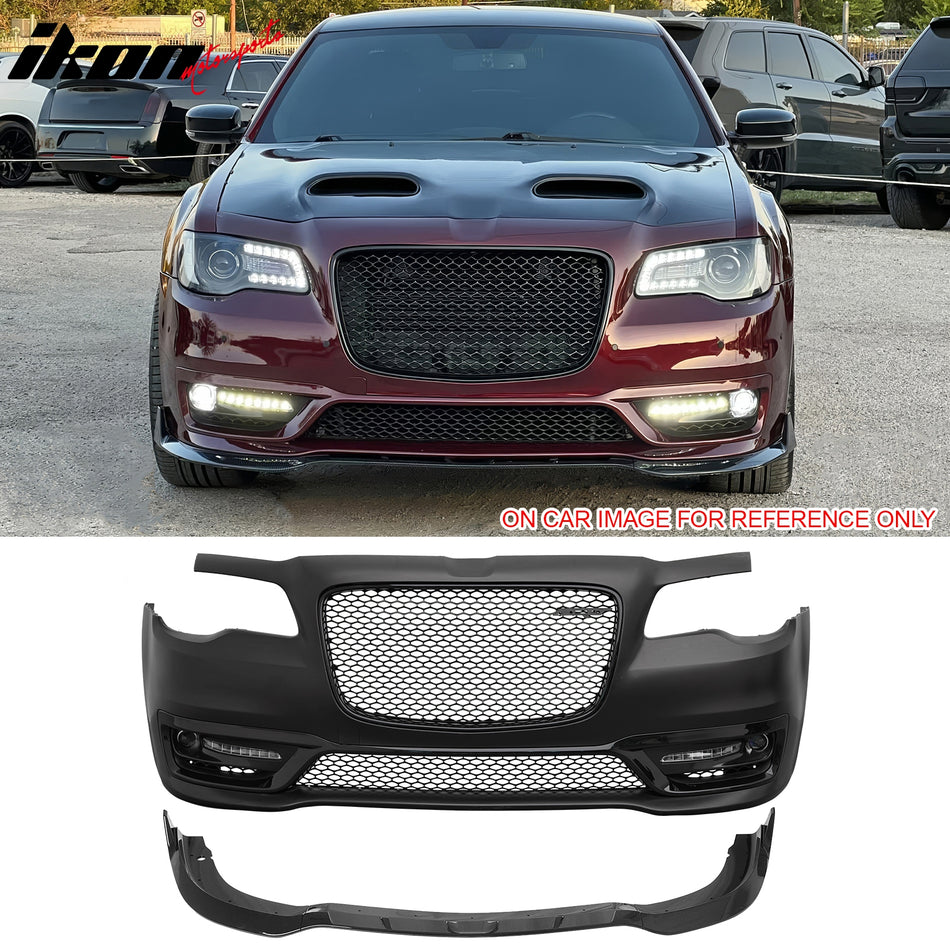 2015-2023 Chrysler 300 SRT Style Front Bumper Cover Unpainted Black PP Conversion with DRL, Fog Lights, Gloss Black Upper/Lower Grille and Lip