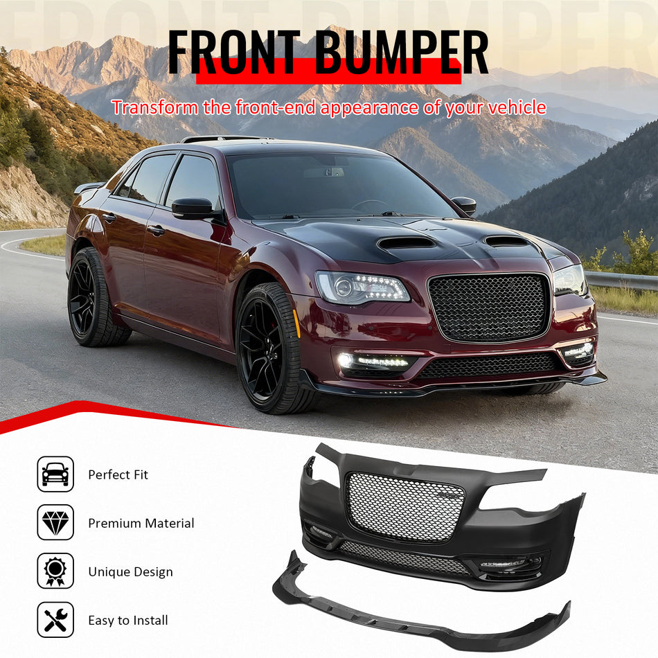 Fit 2015-2023 Chrysler 300 Front Bumper Cover Fog Lights Gloss Grille/Lip