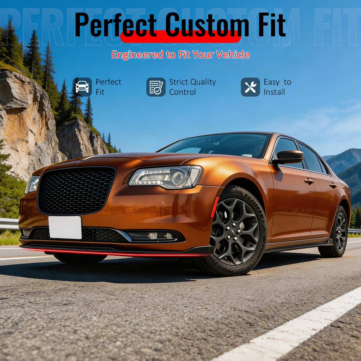 IKON MOTORSPORTS Front Bumper Lip, Compatible with 2015-2023 Chrysler 300 Base, IKON Style Gloss Black PP Polypropylene Add-on Air Dam Chin Spoiler Protector Splitter 3PCS