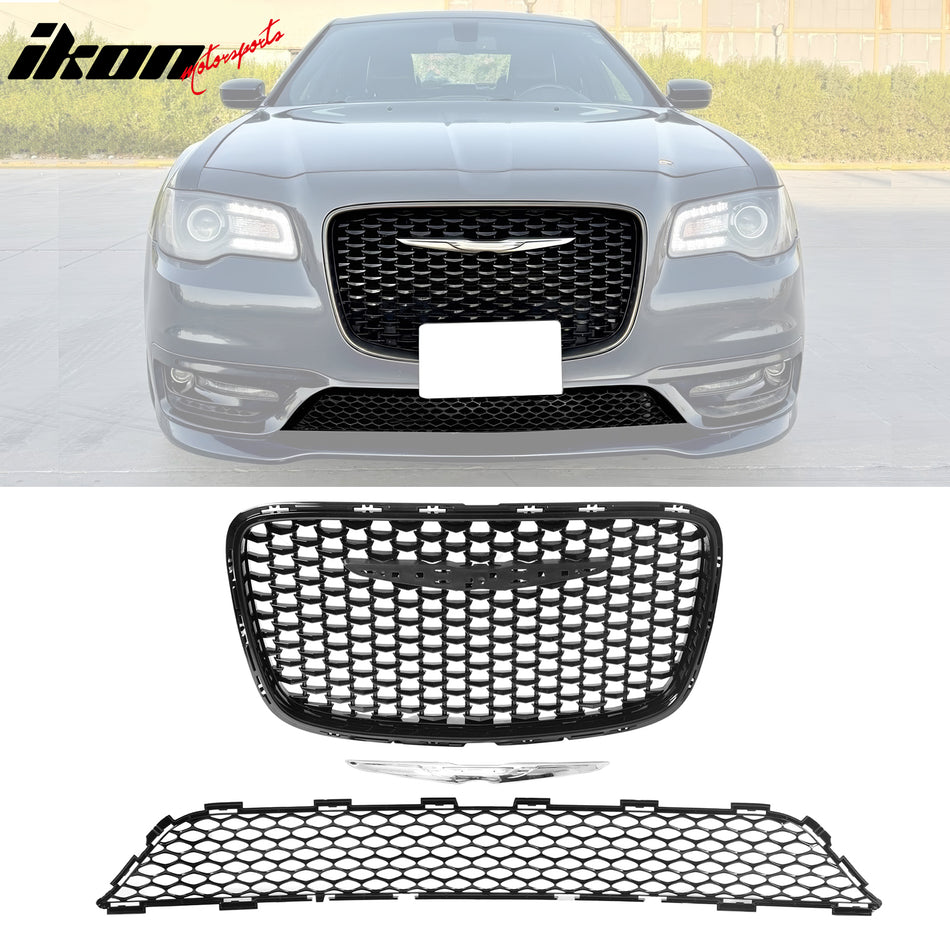 2015-2023 Chrysler 300 Gloss Black ABS Upper Grille + PP Lower Grille