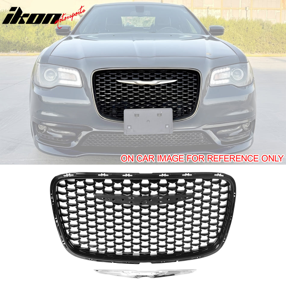 IKON MOTORSPORTS Front Upper Lower Grilles, Compatible with 2015-2023 Chrysler 300, 300S Sport Style Gloss Black ABS Front Bumper Hood Upper Grille + PP SRT Style Lower Grille Clip on Replacement 2PCS