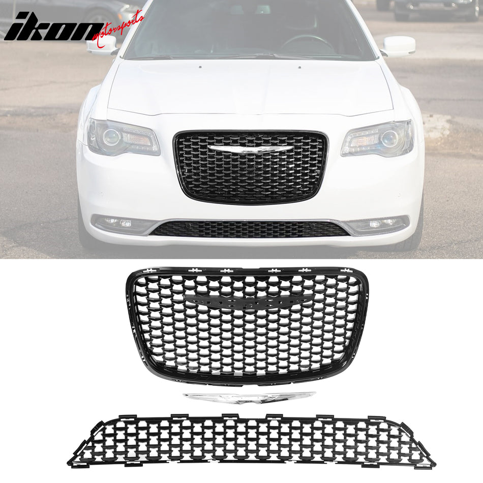 2015-2023 Chrysler 300 Gloss Black 300S Sport Upper Lower Grilles ABS