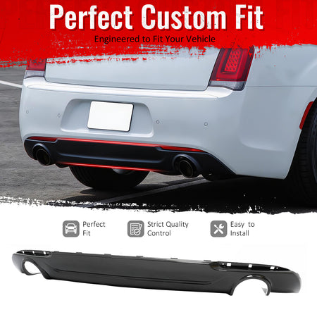 IKON MOTORSPORTS Rear Bumper Lip, Compatible with 2015-2023 Chrysler 300 300C SRT Base W/ Round Exhaust, C Style Carbon Fiber Print PP Rear Lower Spoiler Air Dam Chin Valance Splitter 1PC