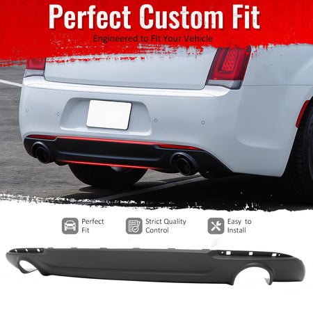 IKON MOTORSPORTS Rear Bumper Lip, Compatible with 2015-2023 Chrysler 300 300C SRT Base W/ Round Exhaust, C Style Matte Black PP Rear Lower Spoiler Air Dam Chin Valance Splitter 1PC