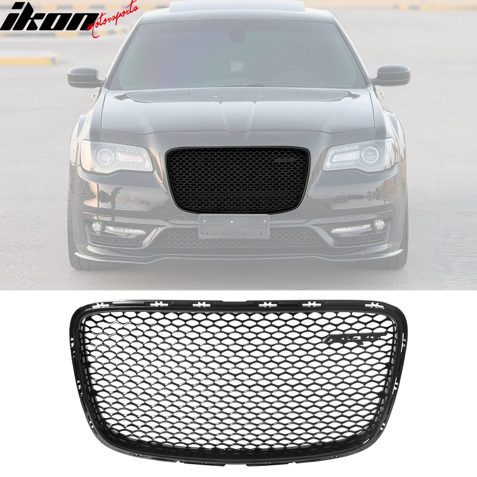 IKON MOTORSPORTS Front Upper & Lower Grilles, Compatible with 2015-2023 Chrysler 300 All Models, SRT Style Gloss Black ABS Front Bumper Hood Upper Grille + PP Lower Grille Clip on Replacement 2PCS