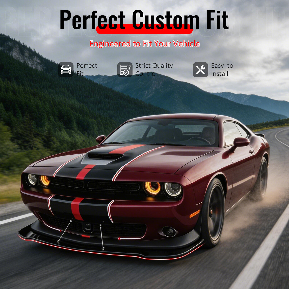 IKON MOTORSPORTS Front Bumper Lip, Compatible with 2015-2023 Dodge Challenger SRT Hellcat, Gloss Black PP Polypropylene Add-on Air Dam Chin Spoiler Protector Splitter 3PCS