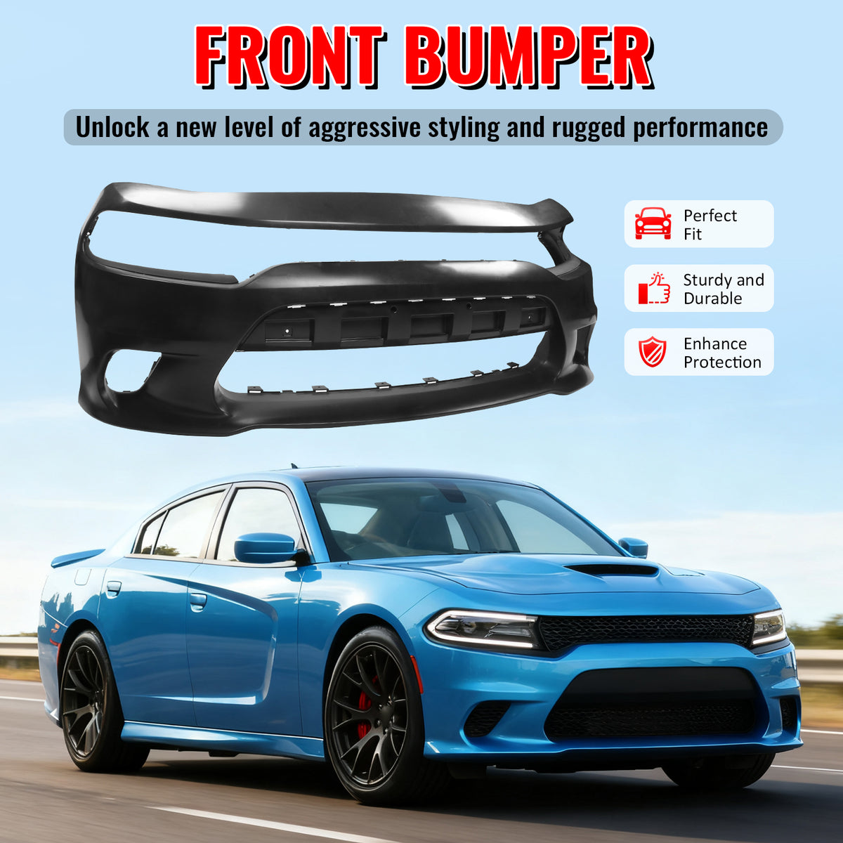 Fits 15-23 Dodge Charger SRT Hellcat Style Front Bumper Cover Replacement Kit PP