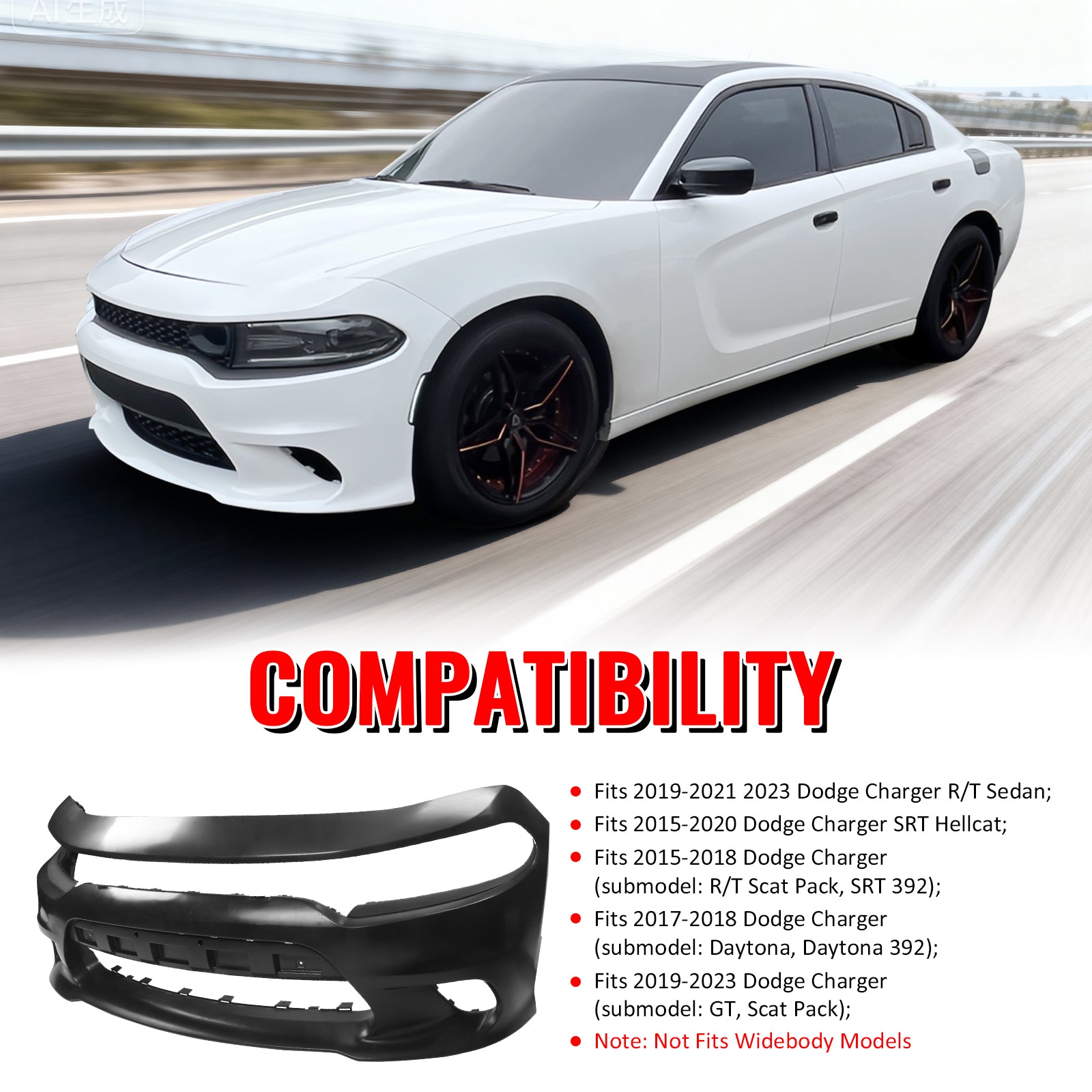 Fits 15-23 Dodge Charger SRT Hellcat Style Front Bumper Cover Replacement Kit PP