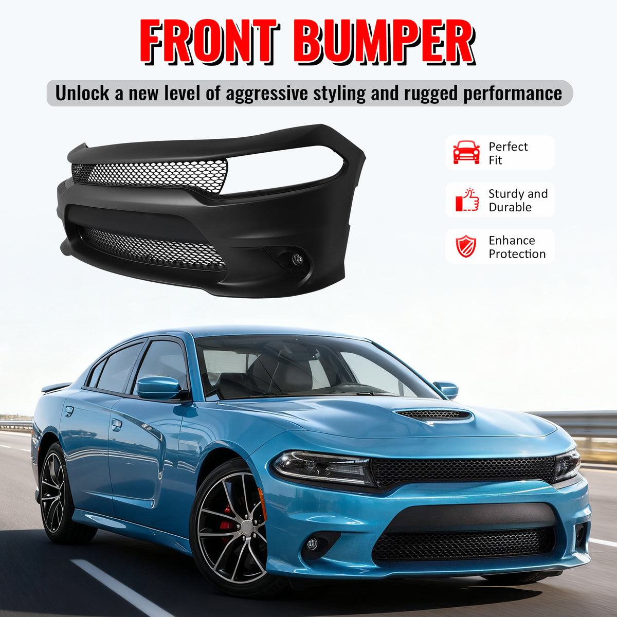 Fits 15-23 Dodge Charger SRT Hellcat Style Front Bumper Cover W/Fog Lamps PP