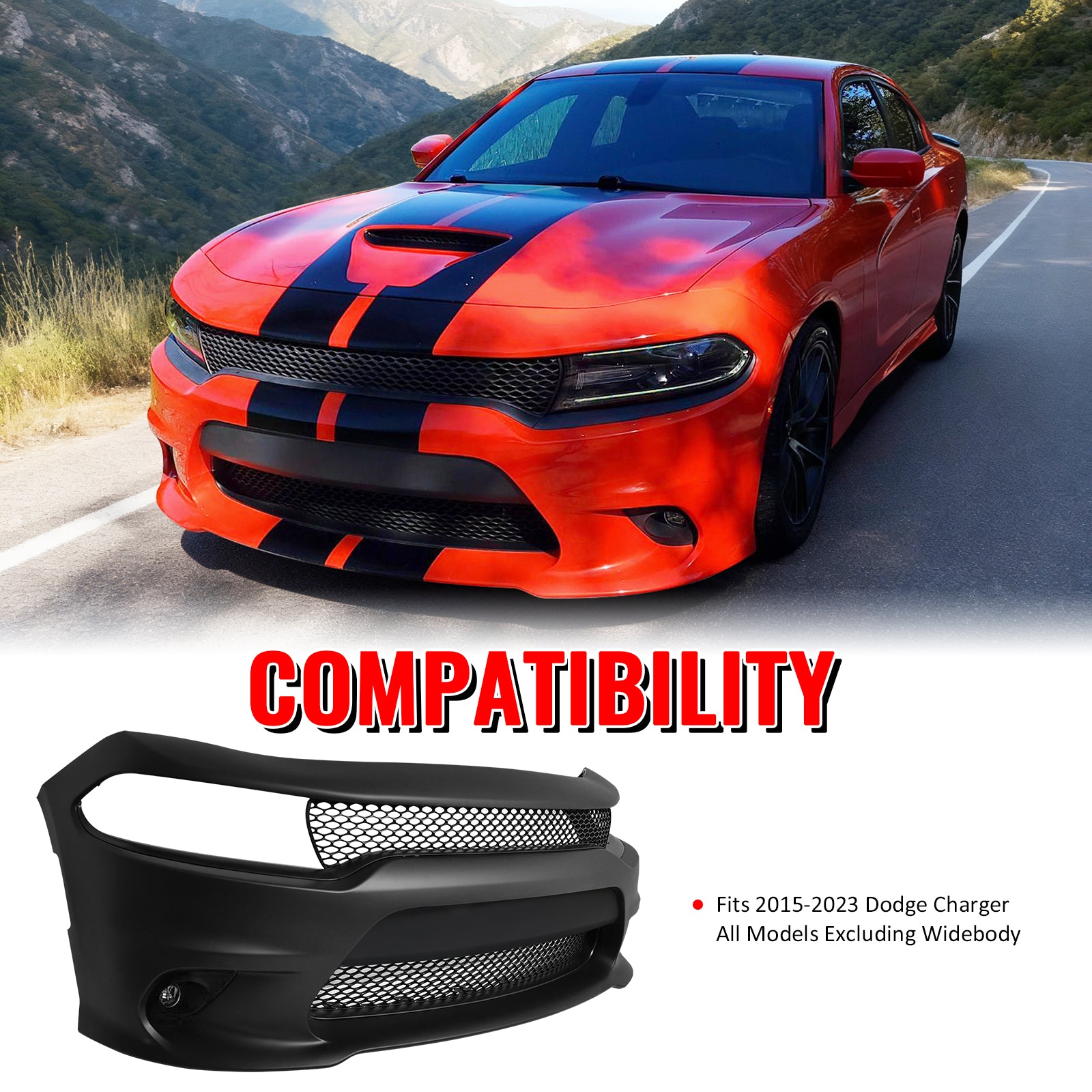 Fits 15-23 Dodge Charger SRT Hellcat Style Front Bumper Cover W/Fog Lamps PP