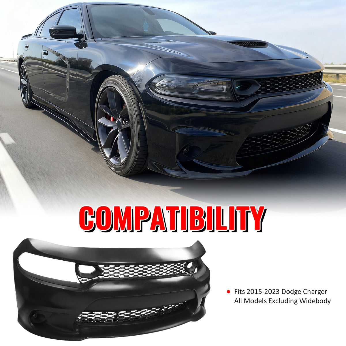 Fits 15-23 Dodge Charger 19 SRT Hellcat Style Front Bumper Cover W/Fog Lamps PP
