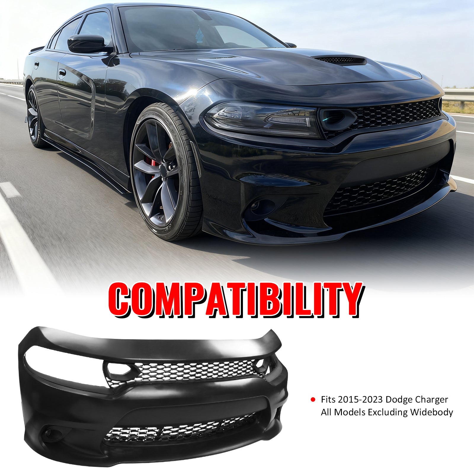 Fits 15-23 Dodge Charger 19 SRT Hellcat Style Front Bumper Cover W/Fog Lamps PP