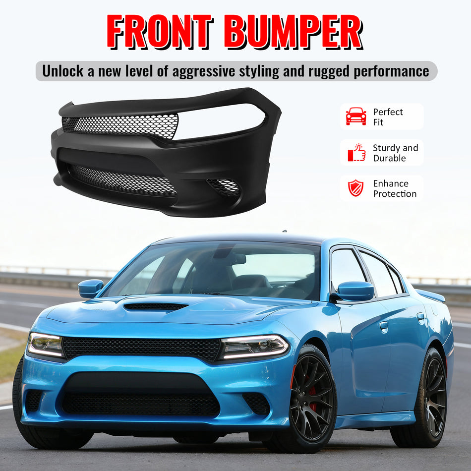 Fits 15-23 Dodge Charger SRT Hellcat Style Front Bumper Cover W/Fog Light Grille