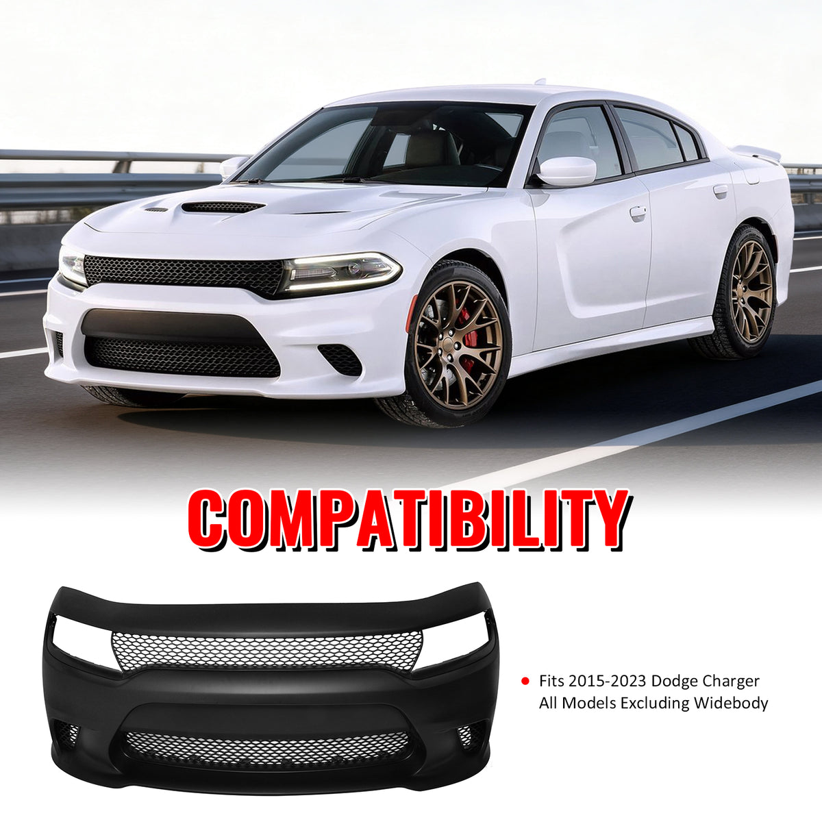 Fits 15-23 Dodge Charger SRT Hellcat Style Front Bumper Cover W/Fog Light Grille