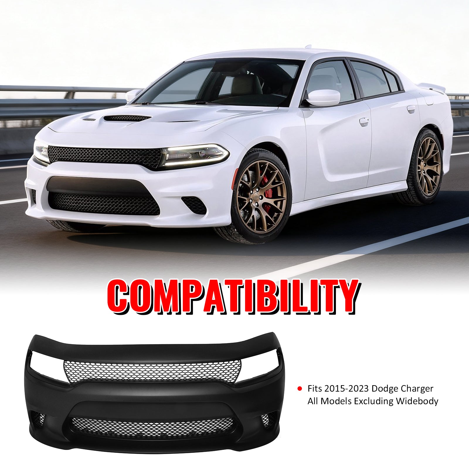 Fits 15-23 Dodge Charger SRT Hellcat Style Front Bumper Cover W/Fog Light Grille