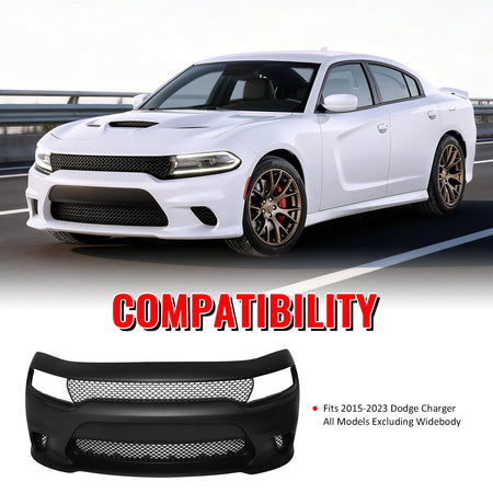 Fits 15-23 Dodge Charger SRT Hellcat Style Front Bumper Cover W/Fog Light Grille