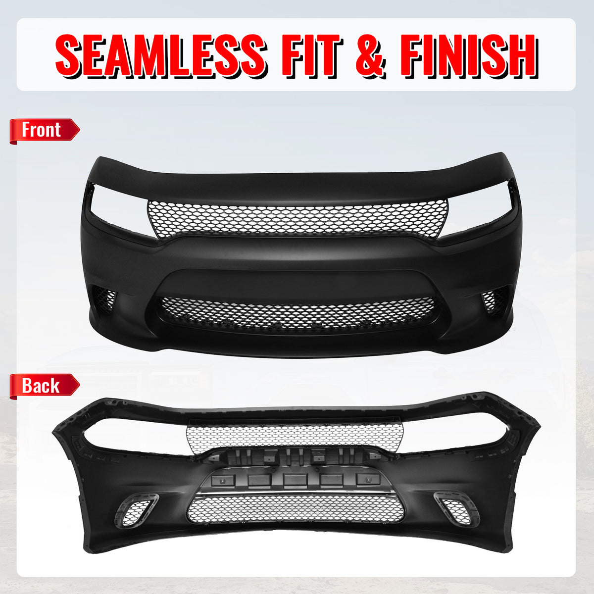 Fits 15-23 Dodge Charger SRT Hellcat Style Front Bumper Cover W/Fog Light Grille