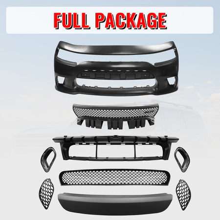 Fits 15-23 Dodge Charger SRT Hellcat Style Front Bumper Cover W/Fog Light Grille