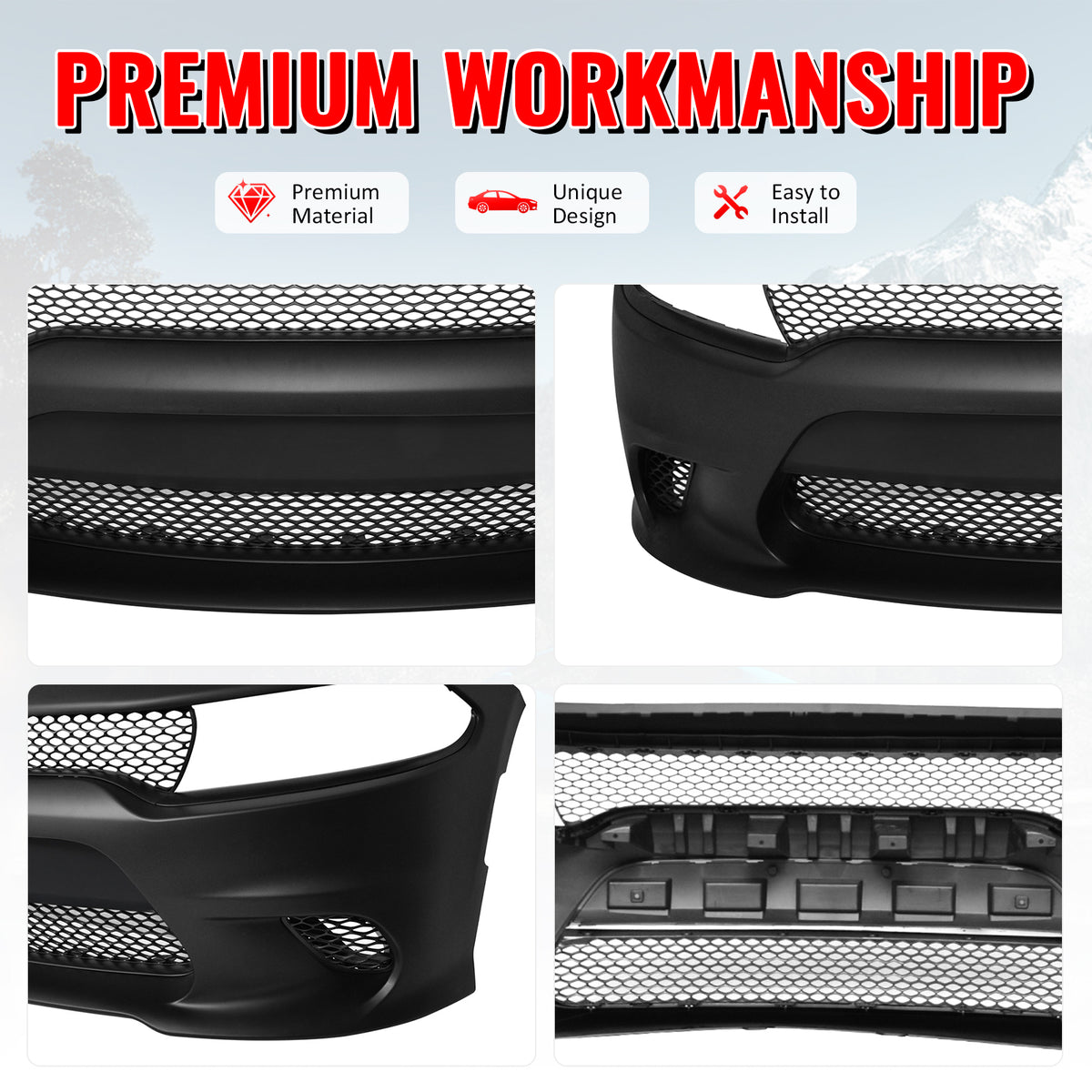 Fits 15-23 Dodge Charger SRT Hellcat Style Front Bumper Cover W/Fog Light Grille